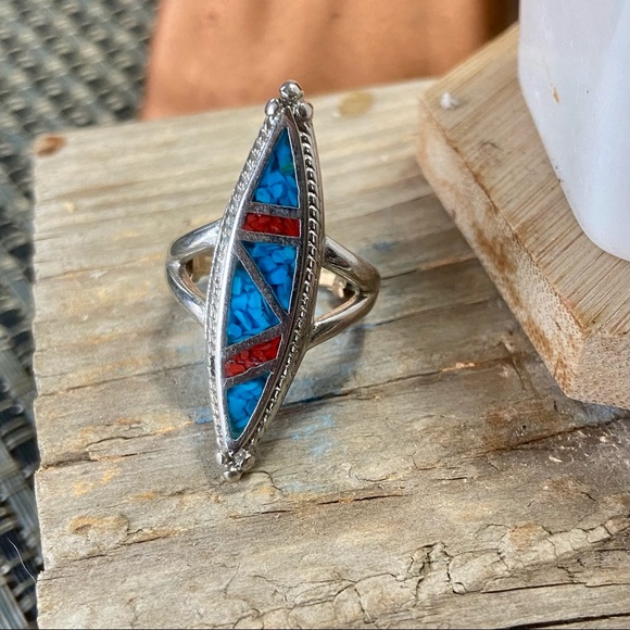 Vintage Native American Zuni Inlaid Turquoise & Coral Chip LONG Narrow Ring - Picture 6 of 8